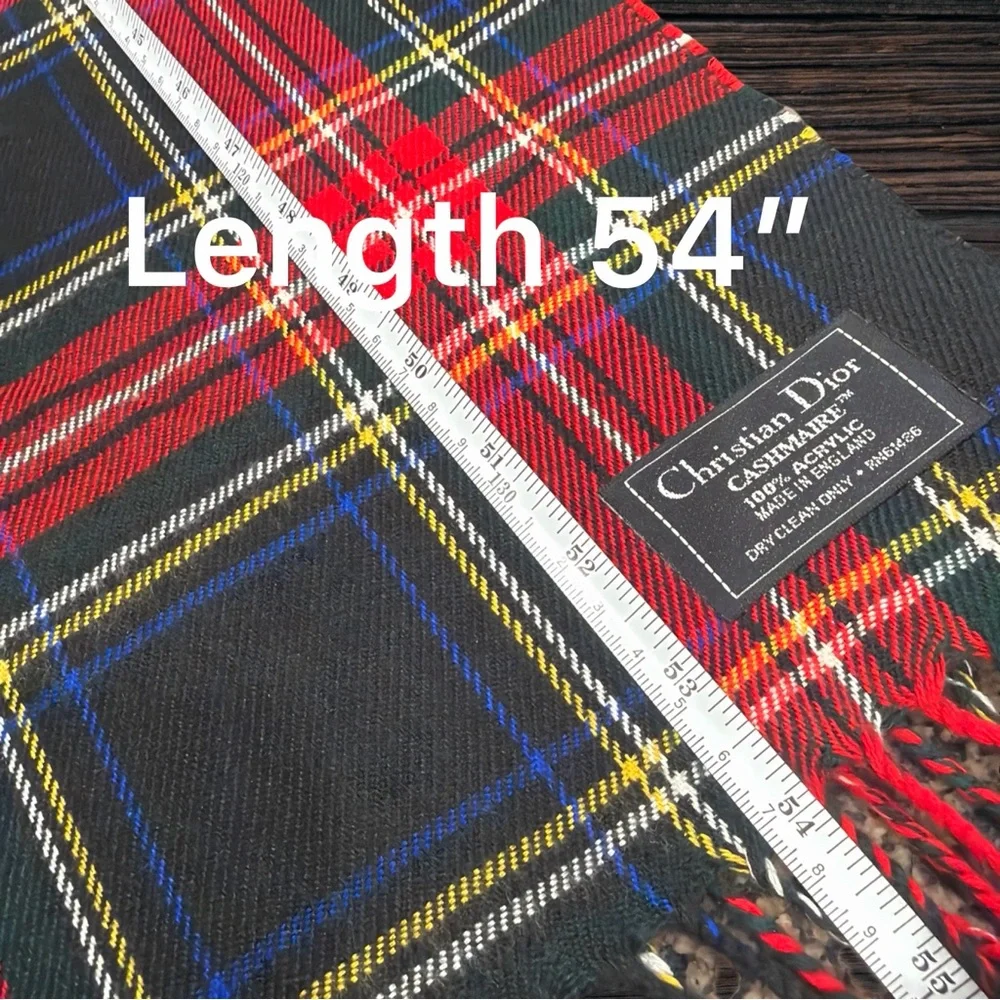 Christian Dior Cashmere Tartan Plaid Scarf Red Green Fringe Made England 54”